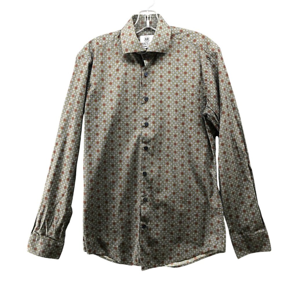 Kurt River Long Sleeve Shirt Mens S Slim Fit Olive Green Burgundy Geo‎ Print